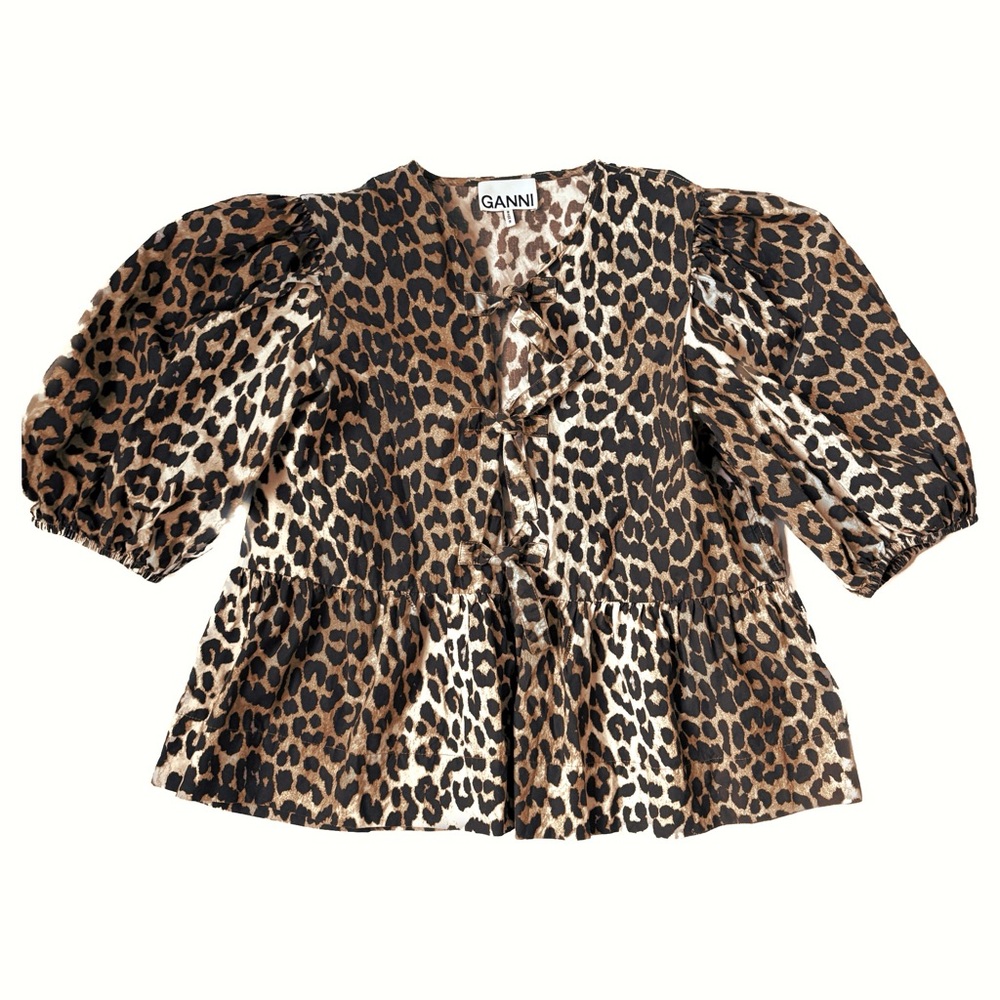 GANNI Leopard Cotton Poplin Peplum Tie Blouse
